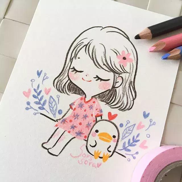 彩铅画古风人物简笔画,彩铅荷花简笔画几分钟就能学会