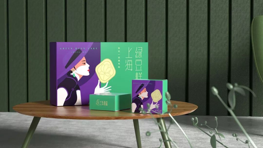 樱花绿豆糕包装盒,包装上印有福字的绿豆糕