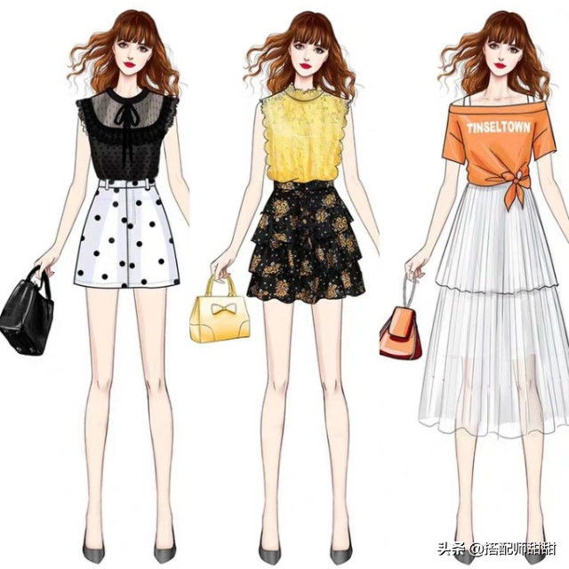 日系手绘穿衣搭配图,女孩每日穿搭手绘