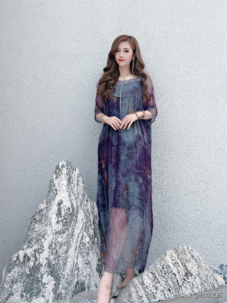 丝质仙气连衣裙,高端飘逸暗色花连衣裙清新超仙气