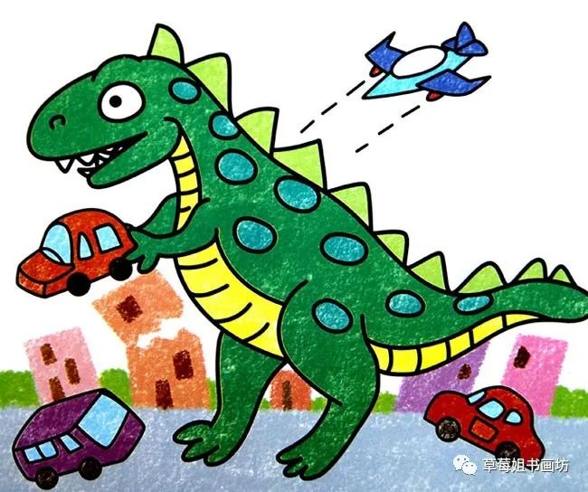 儿童马克笔画7岁恐龙,马克笔儿童画卡通人物绿色小恐龙