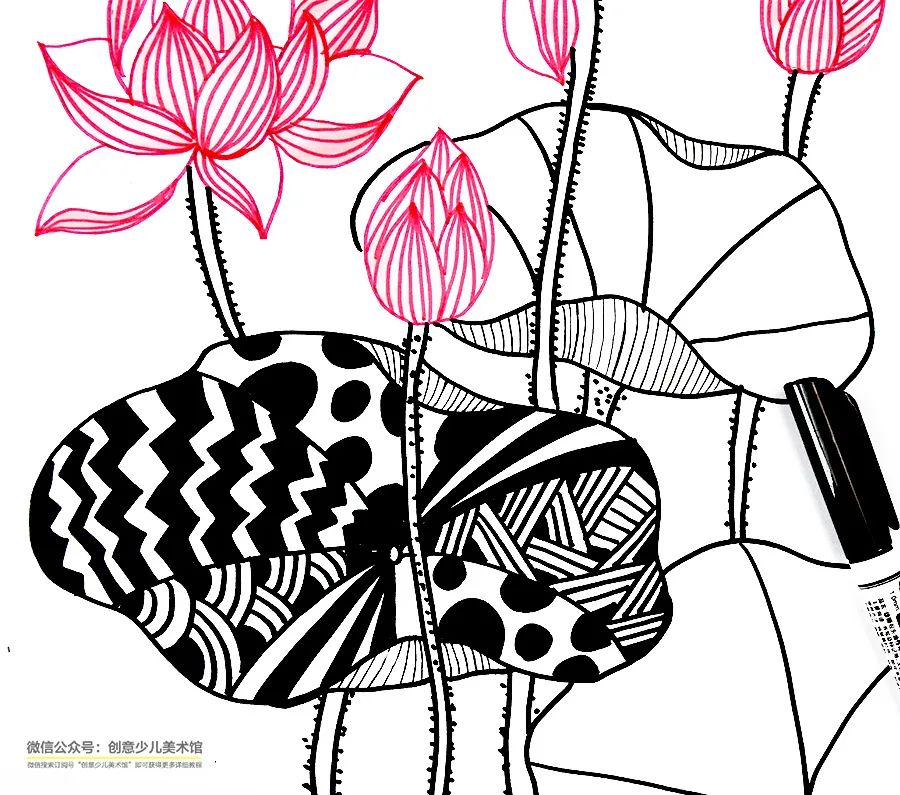 画一幅夏天的荷花画,儿童画夏天的风景画荷花