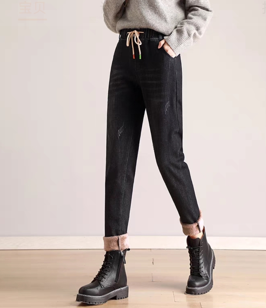 加绒牛仔保暖大码高腰显瘦,牛仔加绒打底衣外穿显瘦中长款