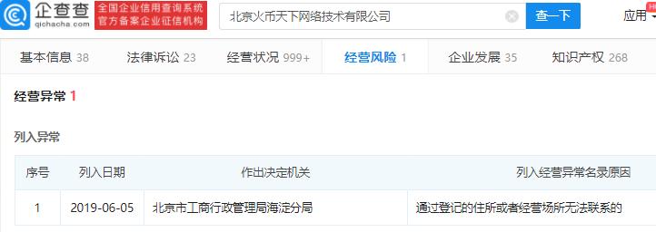 火币李林:新三板聚链集团被列经营异常、火币网工商失联半年未销