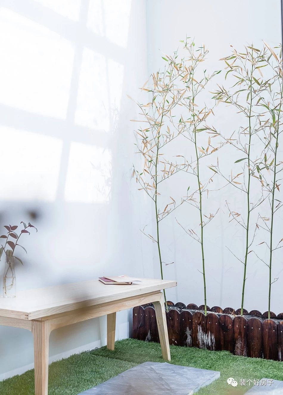 禅意新中式极简茶室风格,原木色书房客厅茶室一体化效果图