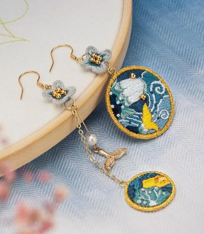 好看的手工刺绣复古耳环,简单刺绣耳环