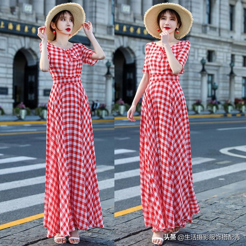 修身雪纺连衣长裙显出身材线条感,文艺范气质连衣长裙收腰显瘦