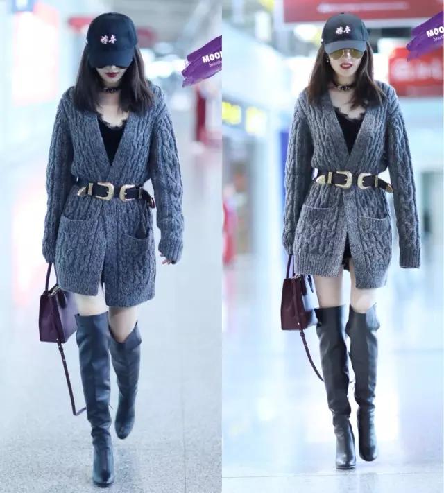 烟灰色牛仔裤怎么搭过膝靴,小香风皮毛外套搭配牛仔裤过膝靴