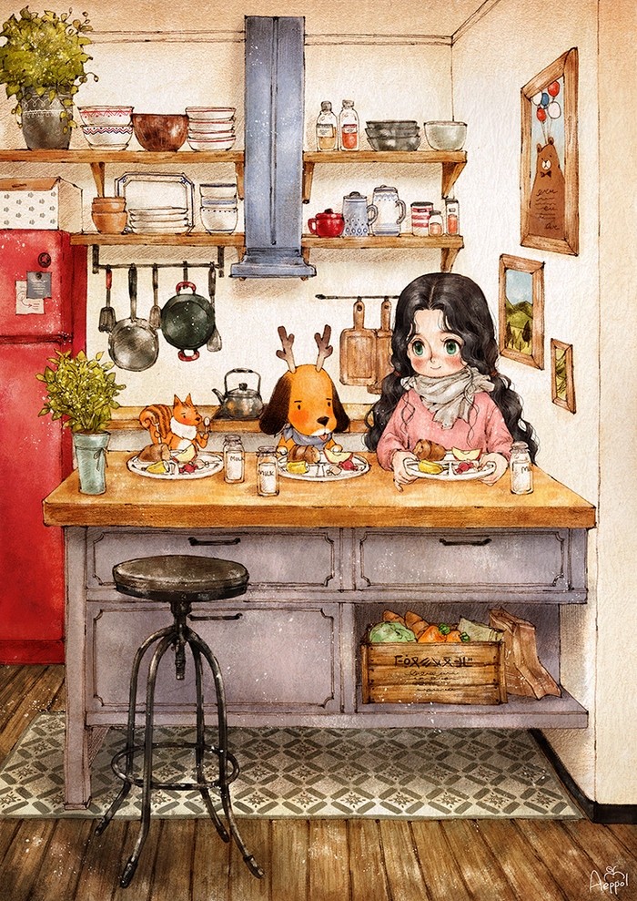 韩国插画师森林女孩日记图文,水彩插画森林女孩日记