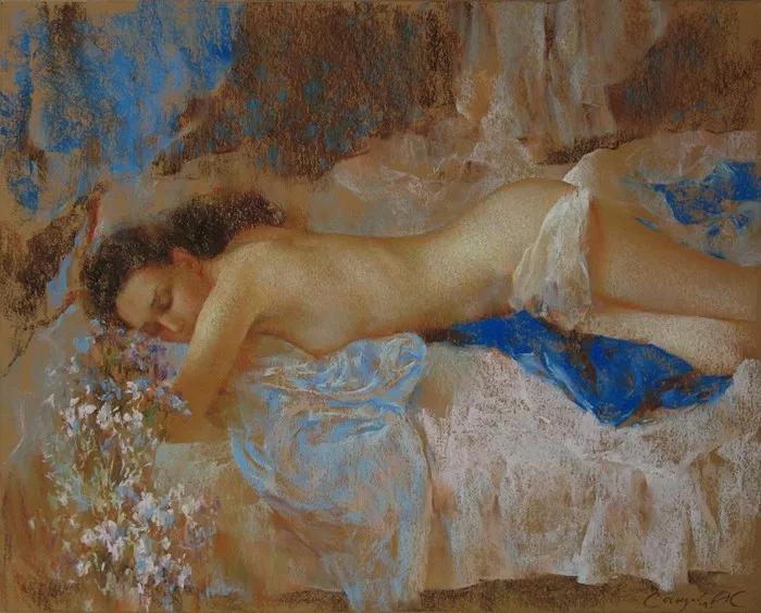 俄罗斯艺术家AydemirSaidov的人体绘画，花间的美丽少女