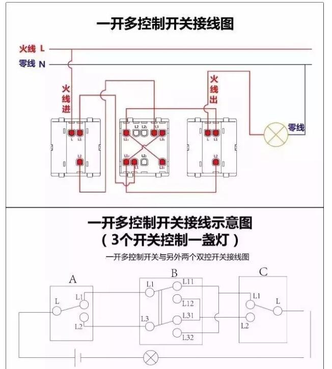 四条线单控开关接线图,单开三控开关的接线方法线路图