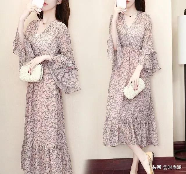 碎花雪纺连衣裙时尚气质中长款,雪纺碎花连衣裙穿出小仙女的感觉