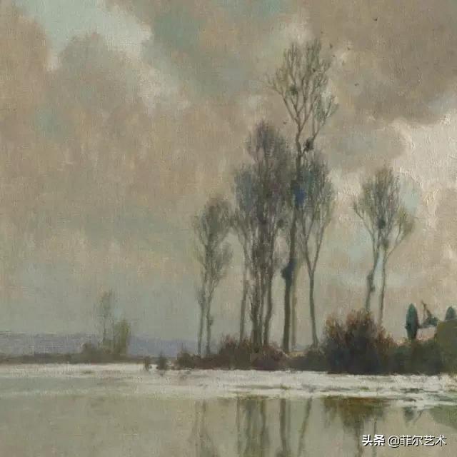 极简油画金色麦田和山,以红蓝为基调的风景油画