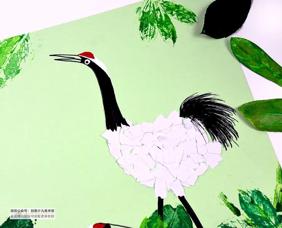 丹顶鹤撕纸,撕纸画作品优雅的丹顶鹤