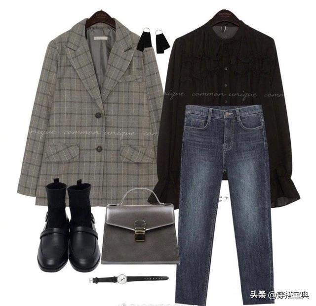 格子西装搭配灰色牛仔裤,男士灰色格子休闲西装搭配牛仔裤