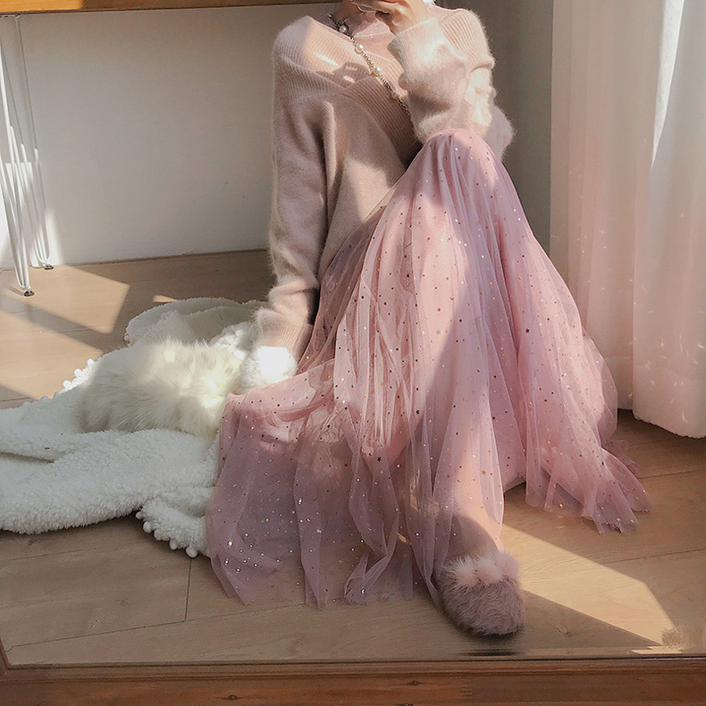 小仙女夏季网纱拼接袖穿搭,渐变色星空网纱百褶仙女裙