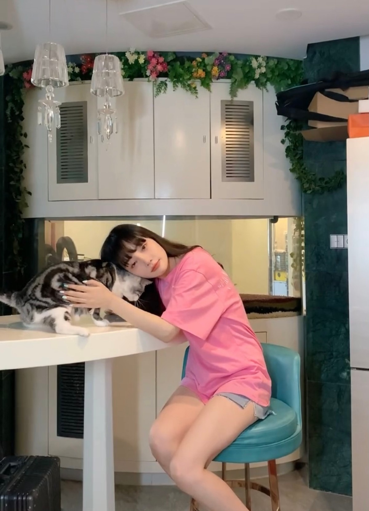 李小璐39岁还是少女，在家穿短裤和猫互动，嘟嘴亲猫好可爱