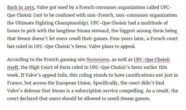 法国要求V社允许玩家转卖Steam数字版游戏V社计划上诉