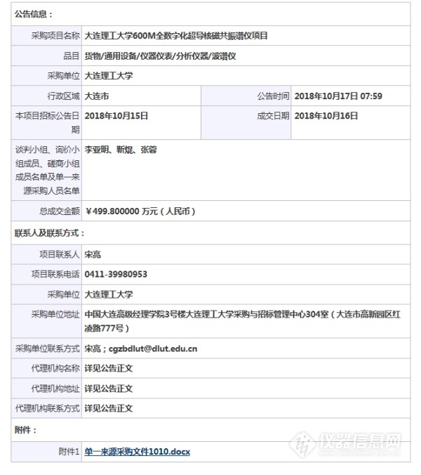 大连理工大学又一布鲁克超导核磁共振仪采购成交！