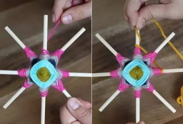 她用牙签搭了个十字，缠上几根毛线，竟也可以美成这样