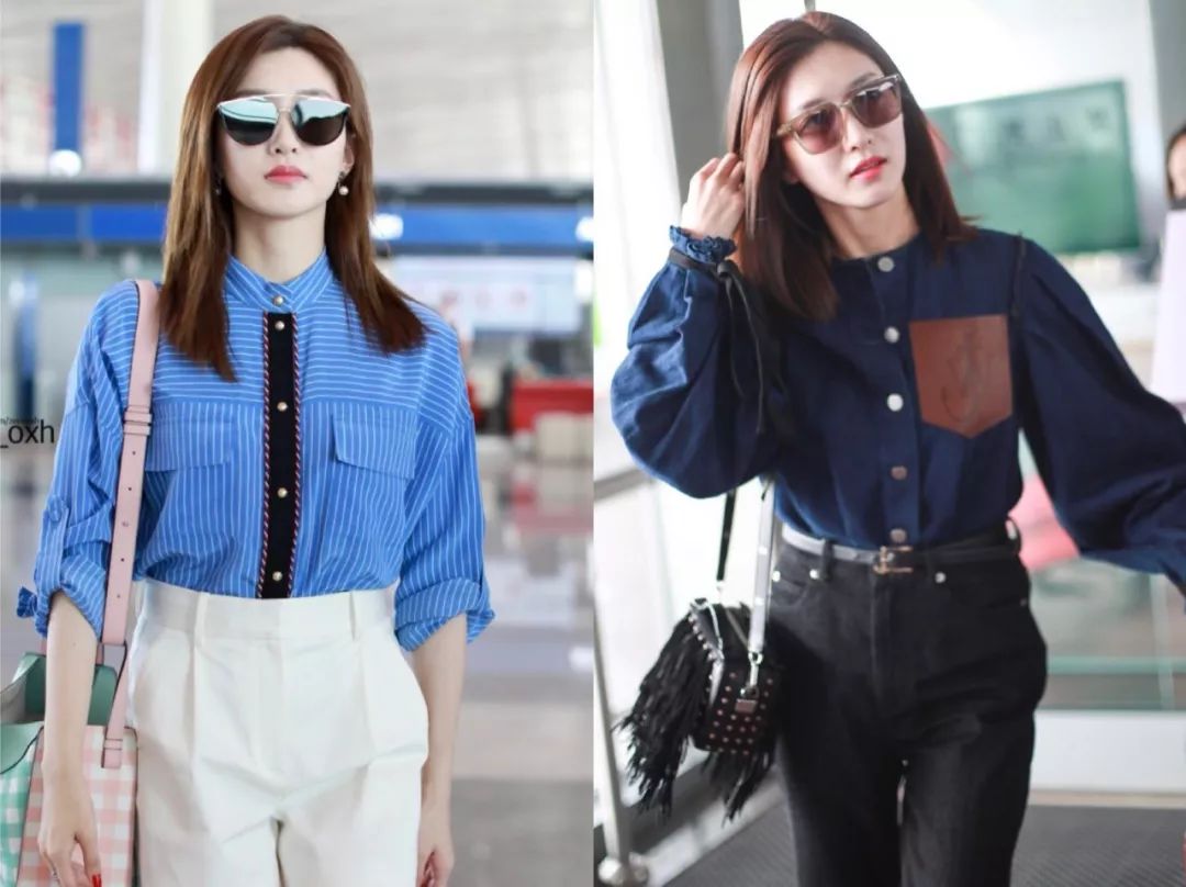 江疏影穿搭日常,照片中的江疏影身穿拼接格子衬衫