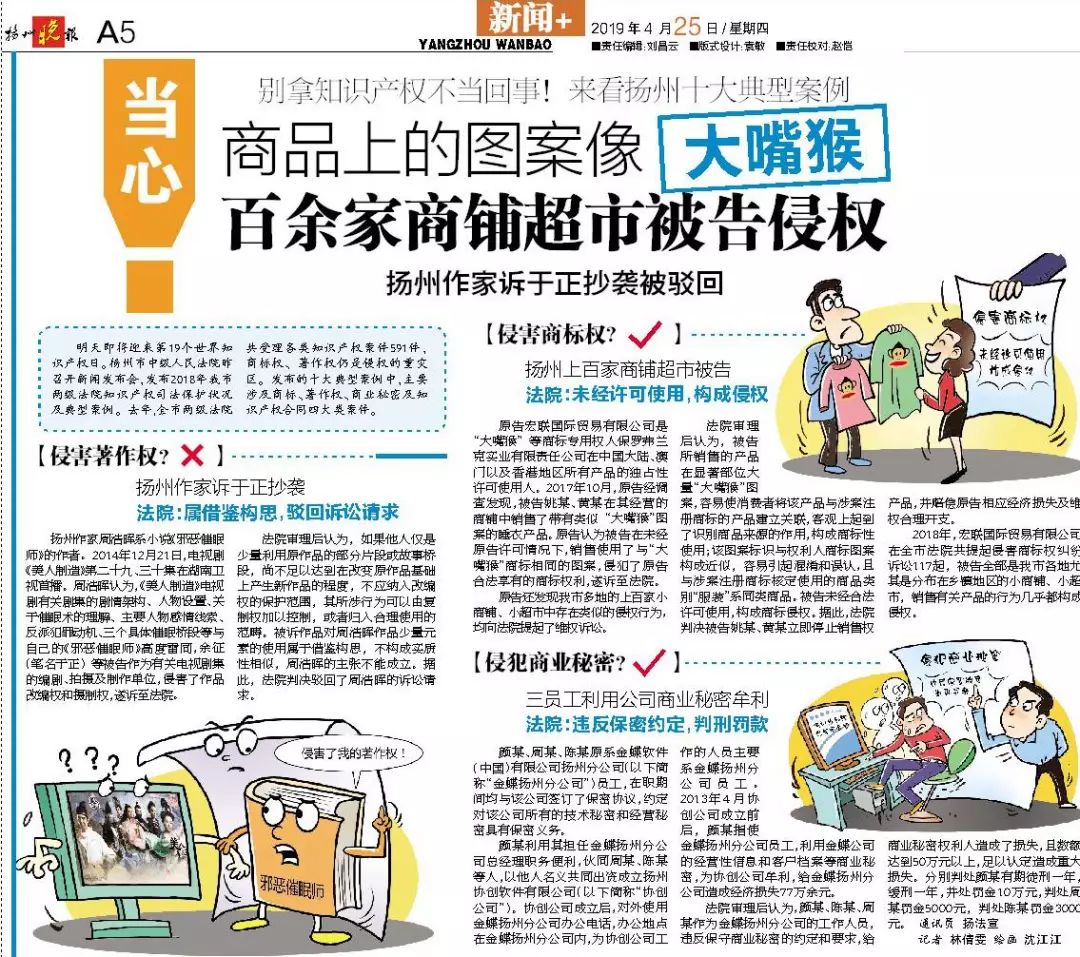 【媒体聚焦】扬州晚报：商品上的图案像“大嘴猴”百余家商铺超市被告侵权