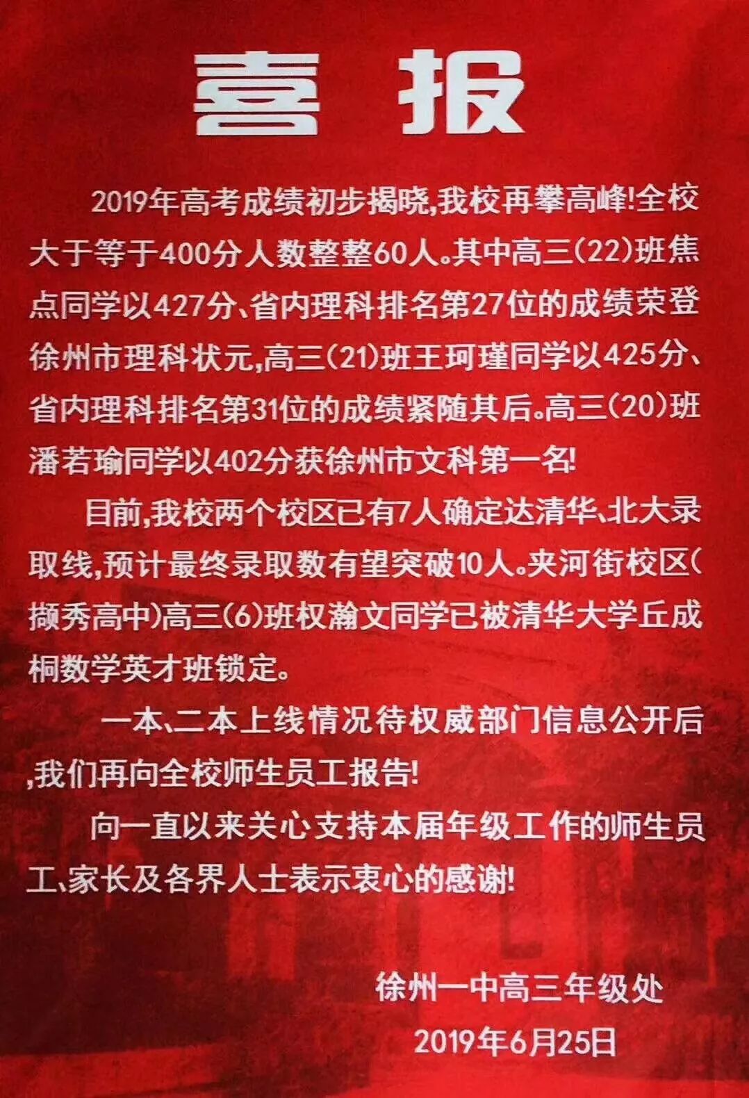 徐州侯集高中高考喜报,徐州开发区高中喜报
