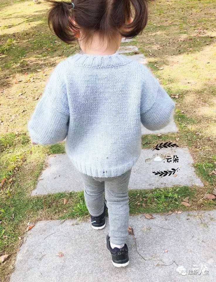 棒针塌肩袖套头毛衣,圆肩叶子花儿童棒针套头毛衣