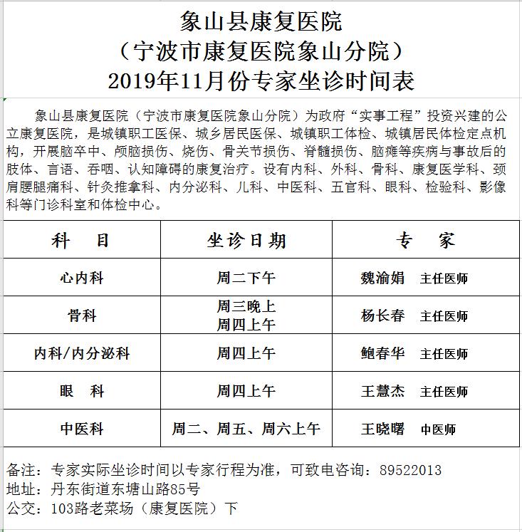 11月份,象山人家门口能看哪些专家,转发周知!