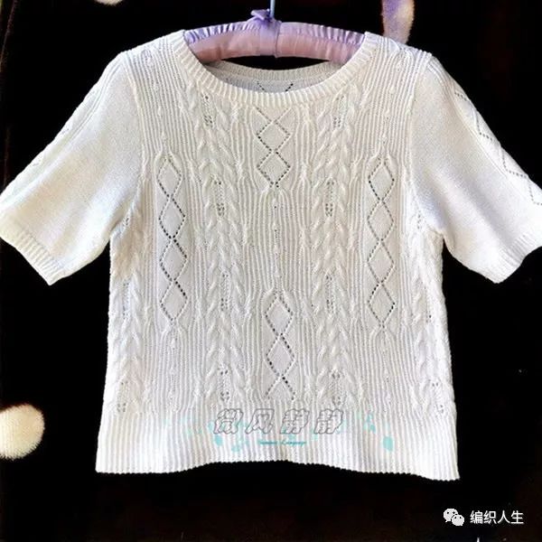 一款时尚百搭棒针镂空衫图解,荷叶边淑女中袖棒针衫教程图解