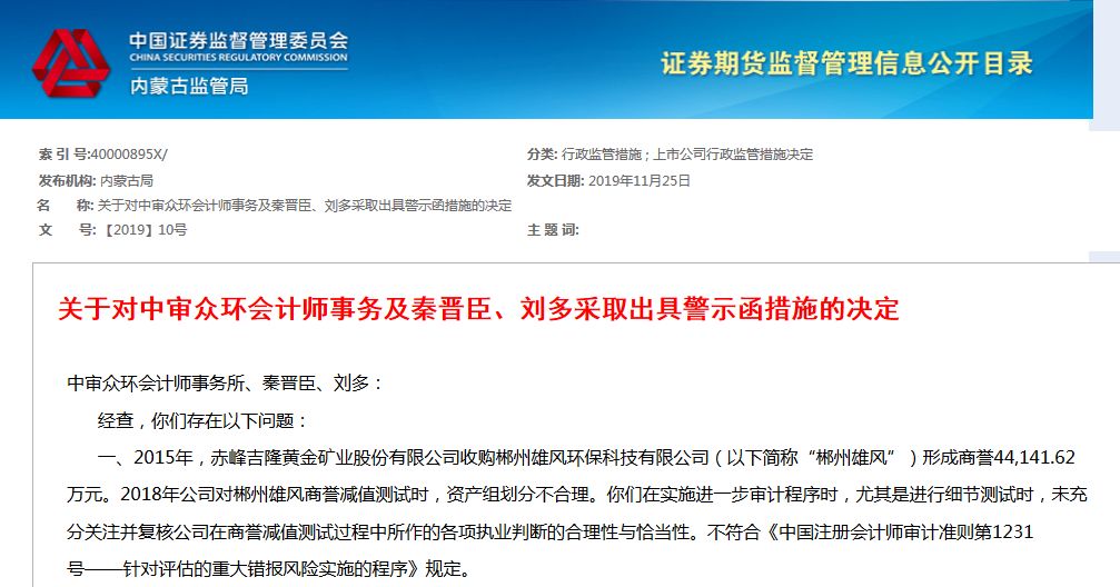 流年不利连收四张警示函,老牌会计事务所违反程序,商誉减值审计出bug,被监管警示