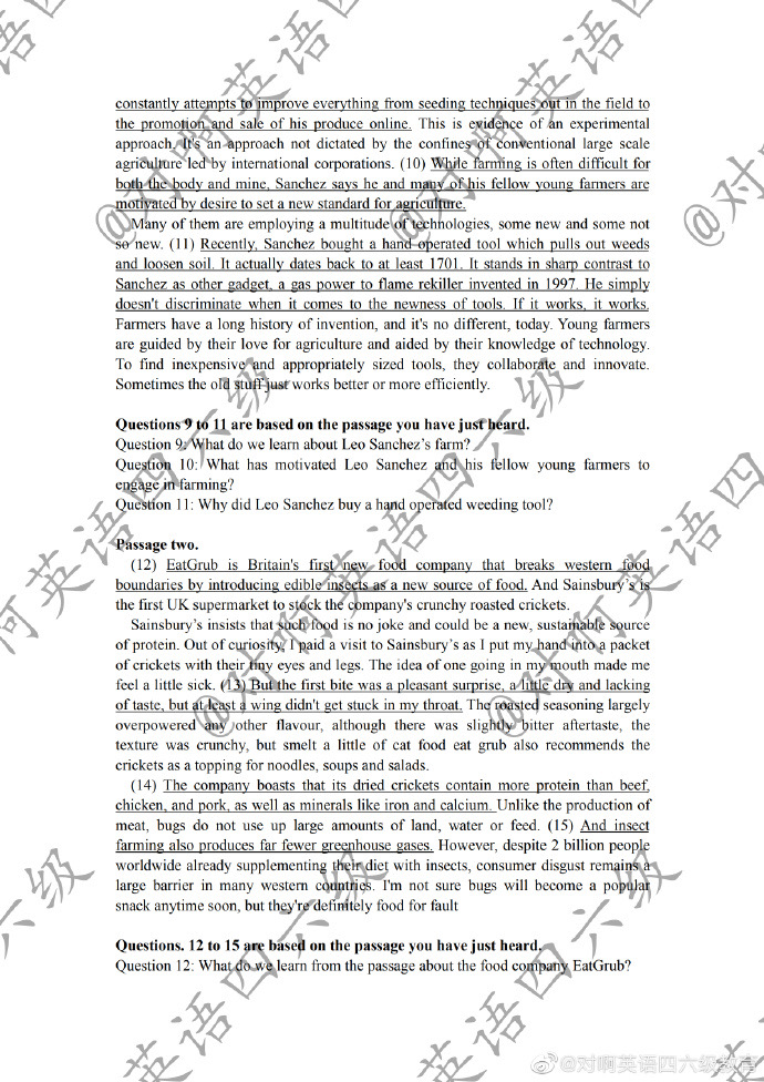 2014年12月英语六级真题答案第二套,2019年12月英语六级真题听力答案