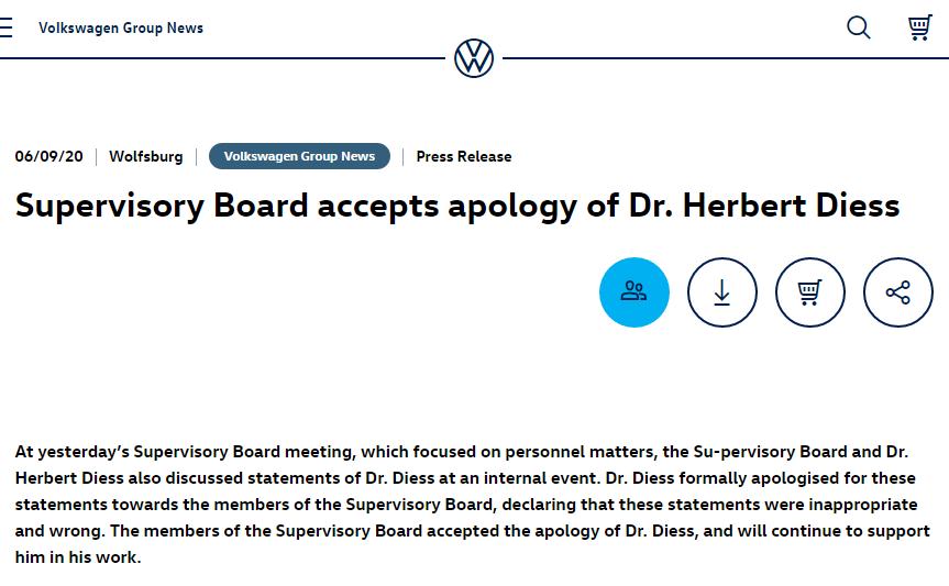 迪斯道歉声明被挂官网！这是来自大众集团监事会的严厉警告？|中国汽车报