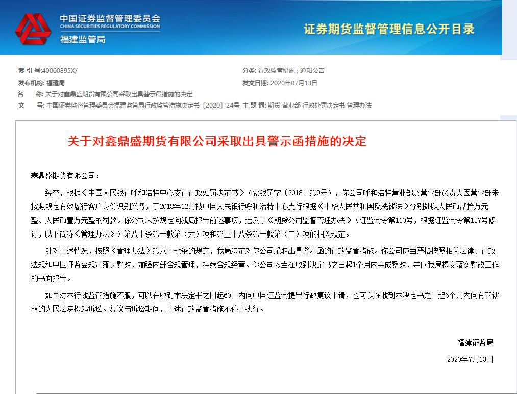 洞察|未按规定报告,鑫鼎盛期货收证监会警示函!曾因具有“资金池”性质受中期协纪律惩戒