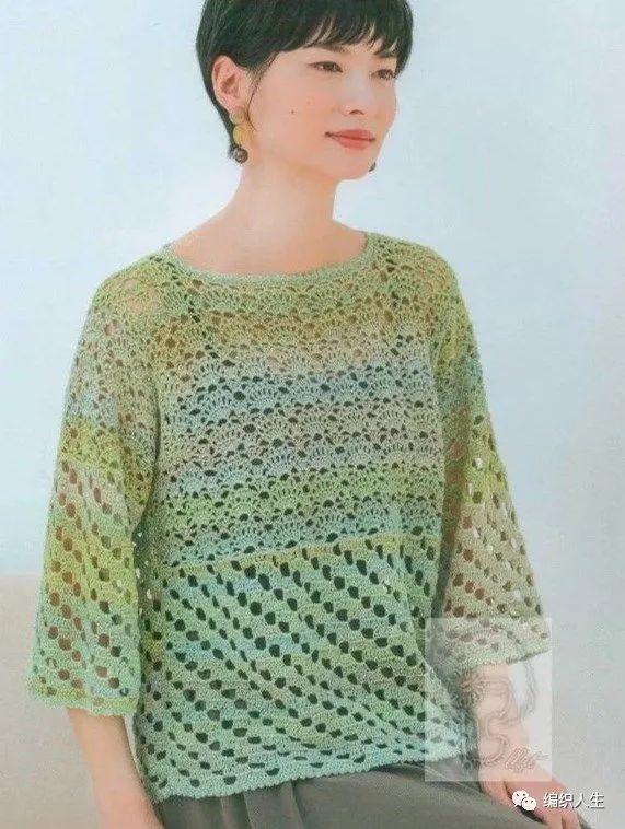 粉黛编织短袖视频教程,棒针镂空花罩衫图解
