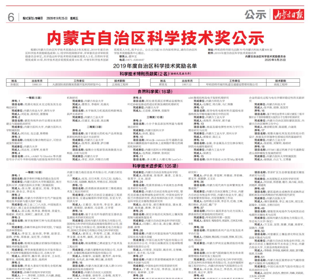 内蒙古自治区科学技术奖,2020年度内蒙古科技进步奖公示