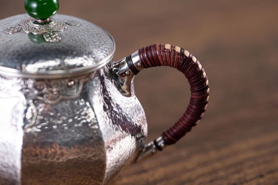 纯银嵌金荷花银壶纯手工泡茶银壶,纯银复古银壶