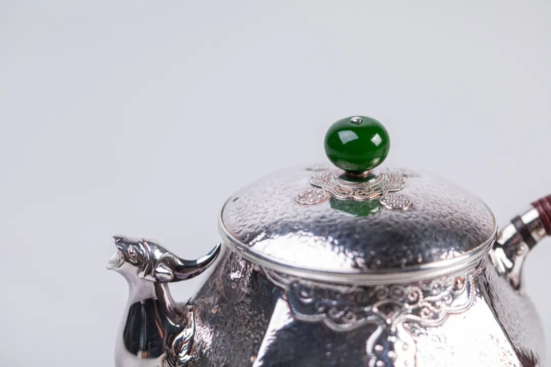 纯银嵌金荷花银壶纯手工泡茶银壶,纯银复古银壶