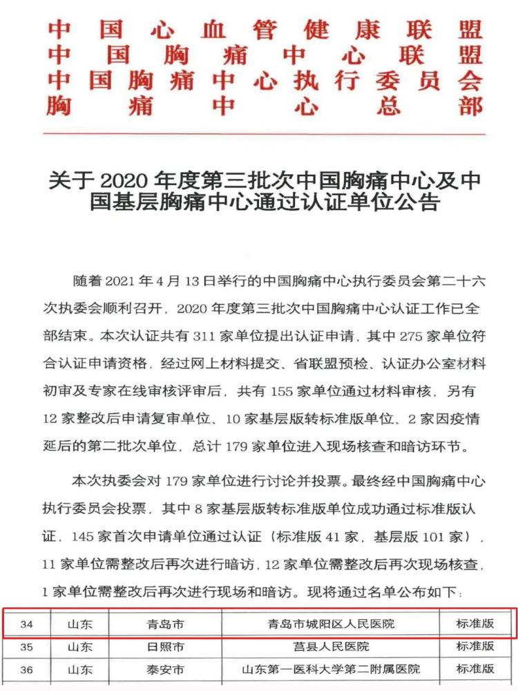 点赞!城阳区人民医院顺利成为国家级胸痛中心