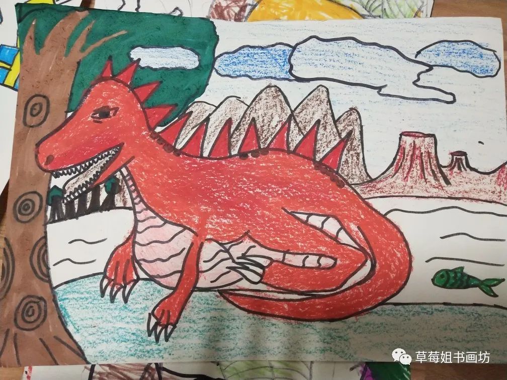 儿童马克笔画7岁恐龙,马克笔儿童画卡通人物绿色小恐龙