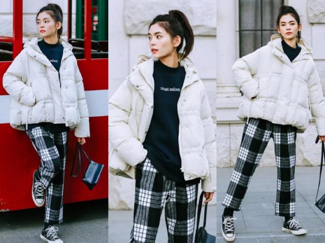 冬季休闲裤休闲鞋穿搭什么衣服,冬季棉服微喇裤穿搭