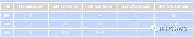 t恤衫尺码对照表,男士t恤衫尺码对照表