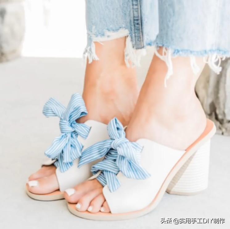 斜条纹小蝴蝶结拖鞋的织法,蝴蝶结草编拖鞋