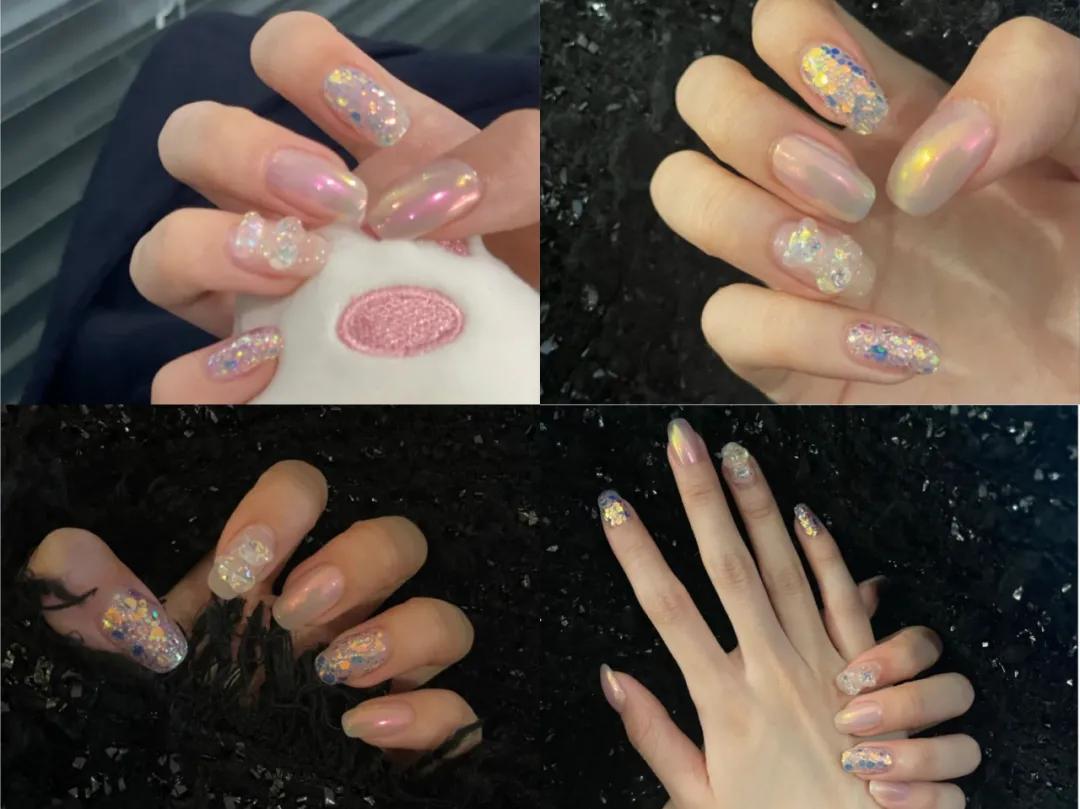 仙女甲冰透极光款式图片,纯色短甲颜色搭配高级感