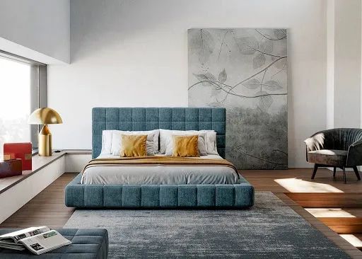 卧室床柜一体效果图,现代简约卧室家具全套