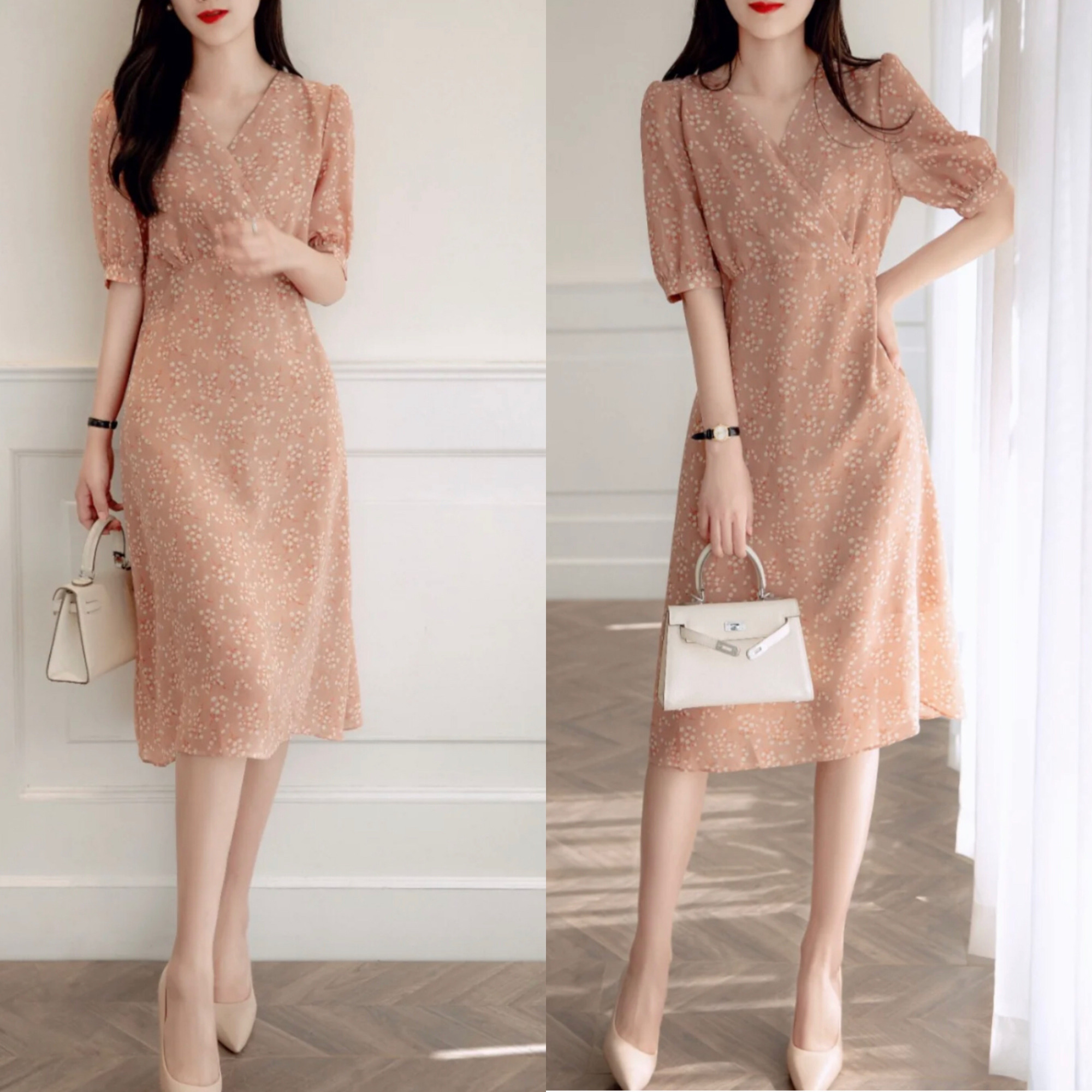 春秋气质连衣裙搭配高跟鞋,连衣裙中长款搭配高跟鞋