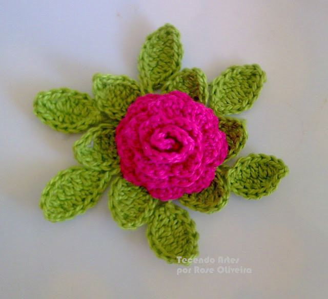 钩针玫瑰花叶子花样图解,一体钩玫瑰花的图解教程大全