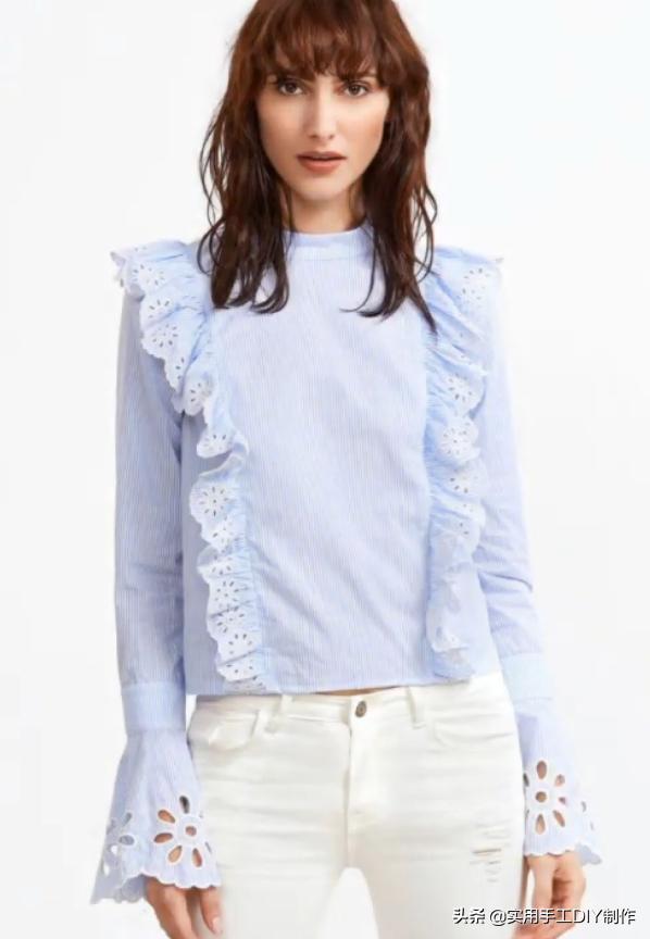 2020蕾丝领时尚气质纯色衬衣,时尚设计荷叶花边纽扣套头衬衫