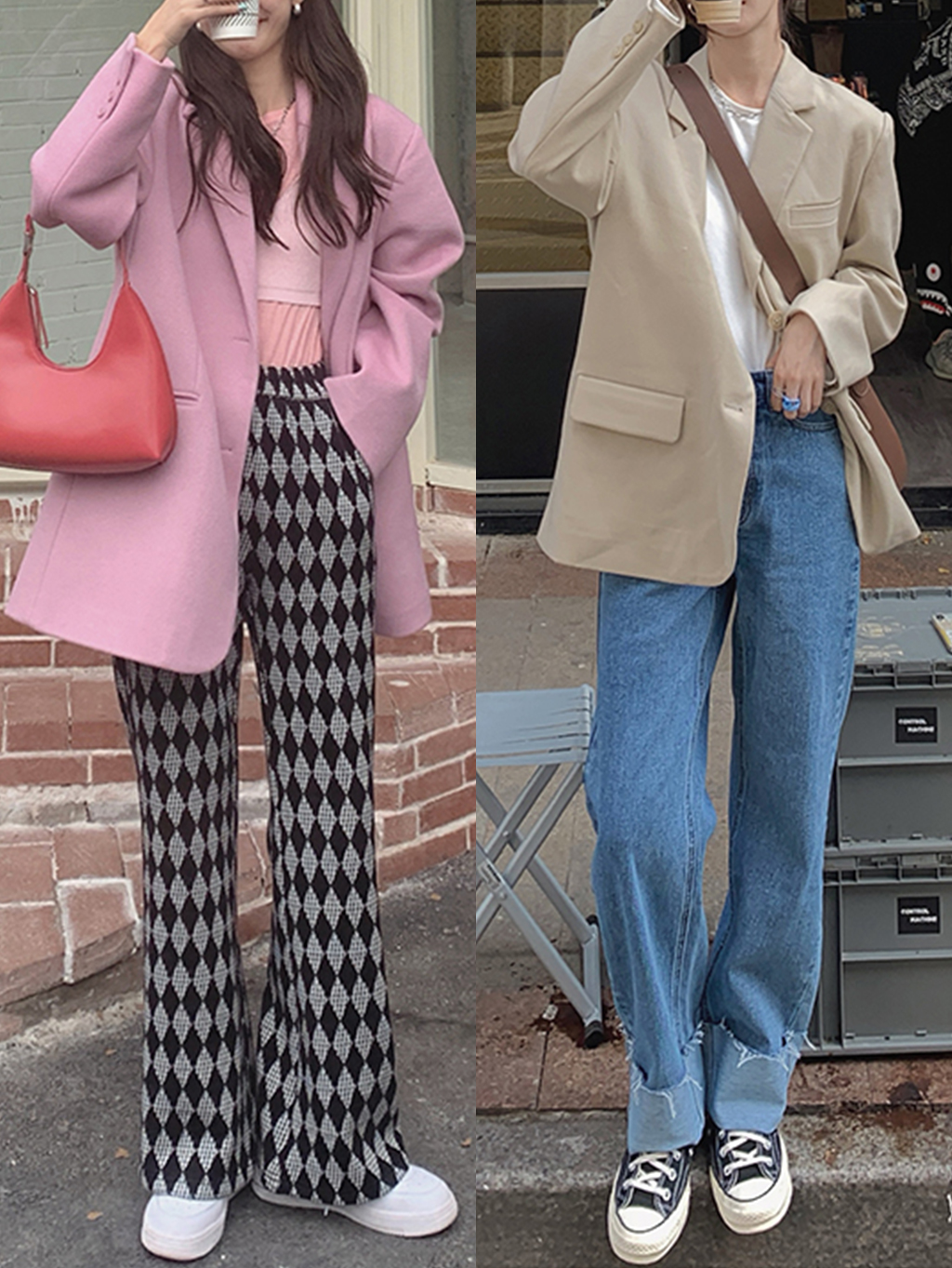 时髦又大方的韩范穿搭 (韩风穿搭格子西装配白色哈伦裤)