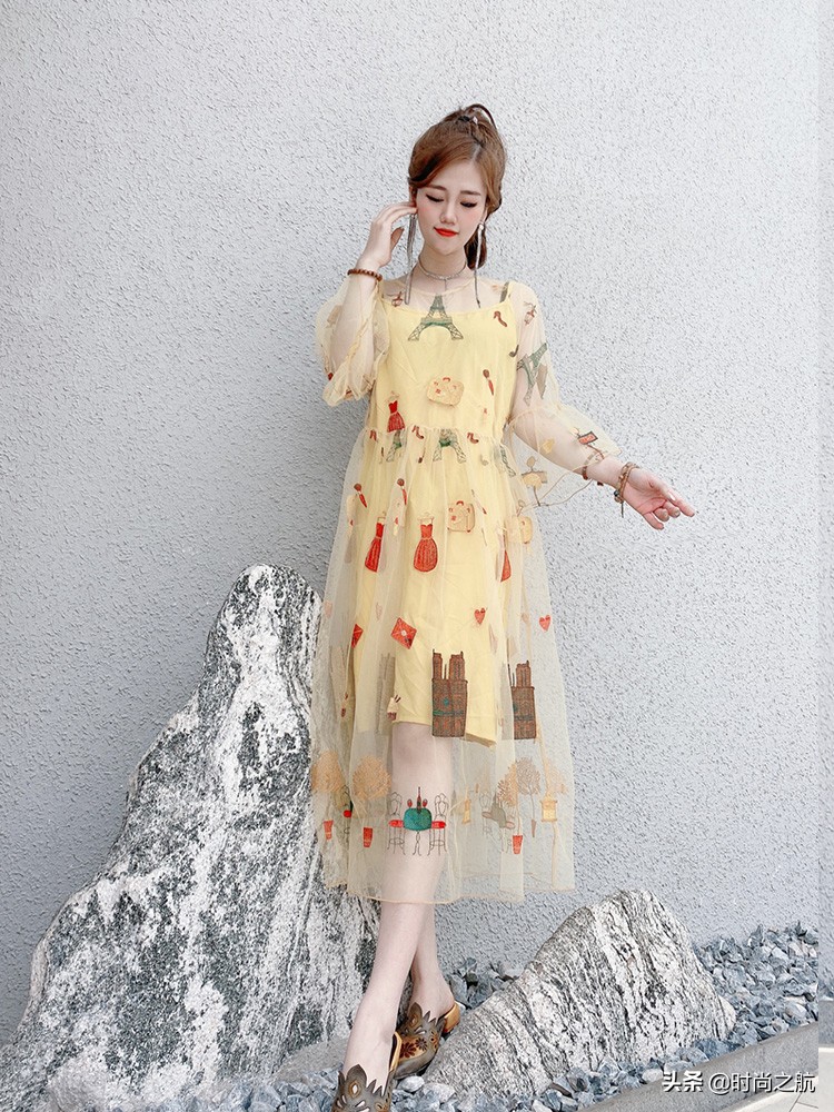 丝质仙气连衣裙,高端飘逸暗色花连衣裙清新超仙气